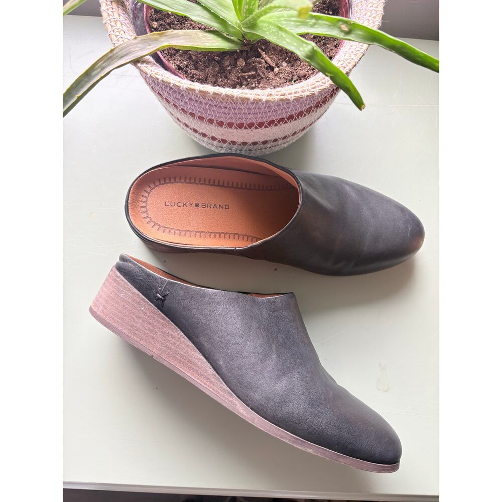 Lucky Brand Polona Leather Mules Size 8 Black Slip On Wedges Clogs